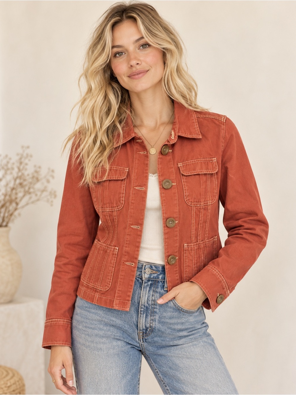 Tulle Rust Orange Utility Jacket Women’s Large Cotton Contrast Stitching